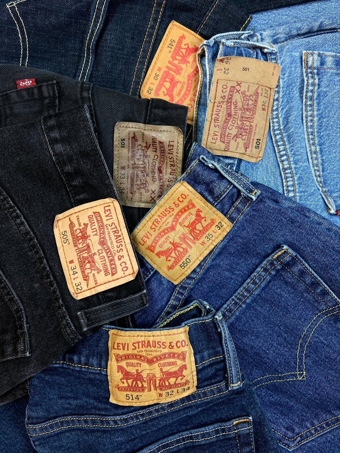 Zu sehen sind sechs verschiedene Levi’s Jeans von Hinten mit Fokus auf das klassische Levi’s Logo am Bund.