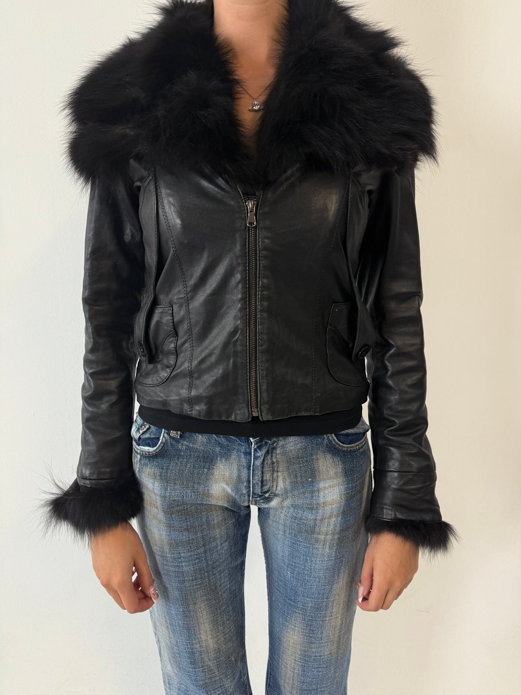 Vintage Black Leather Jacket With Faux Fur S