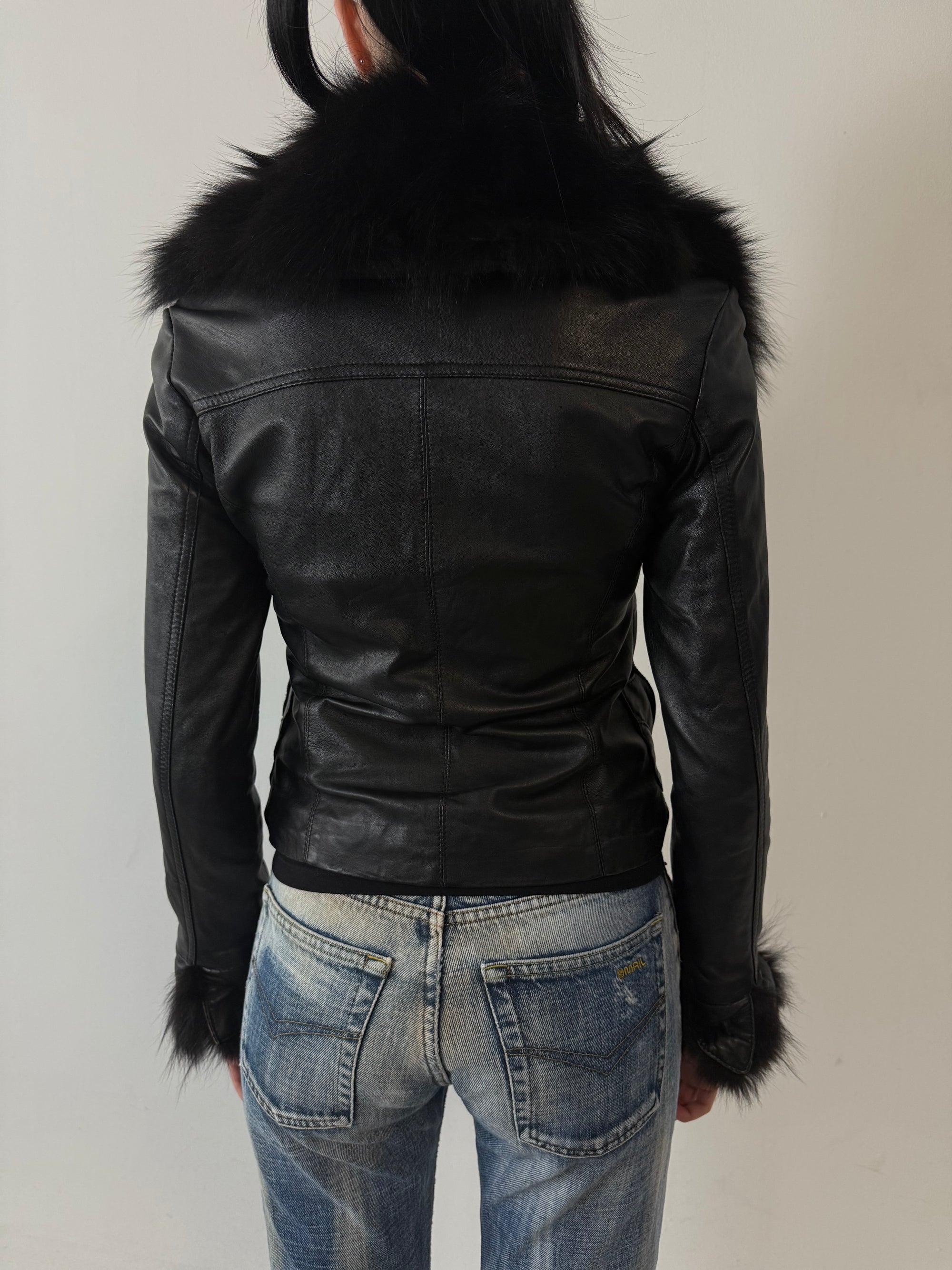 Vintage Black Leather Jacket With Faux Fur S
