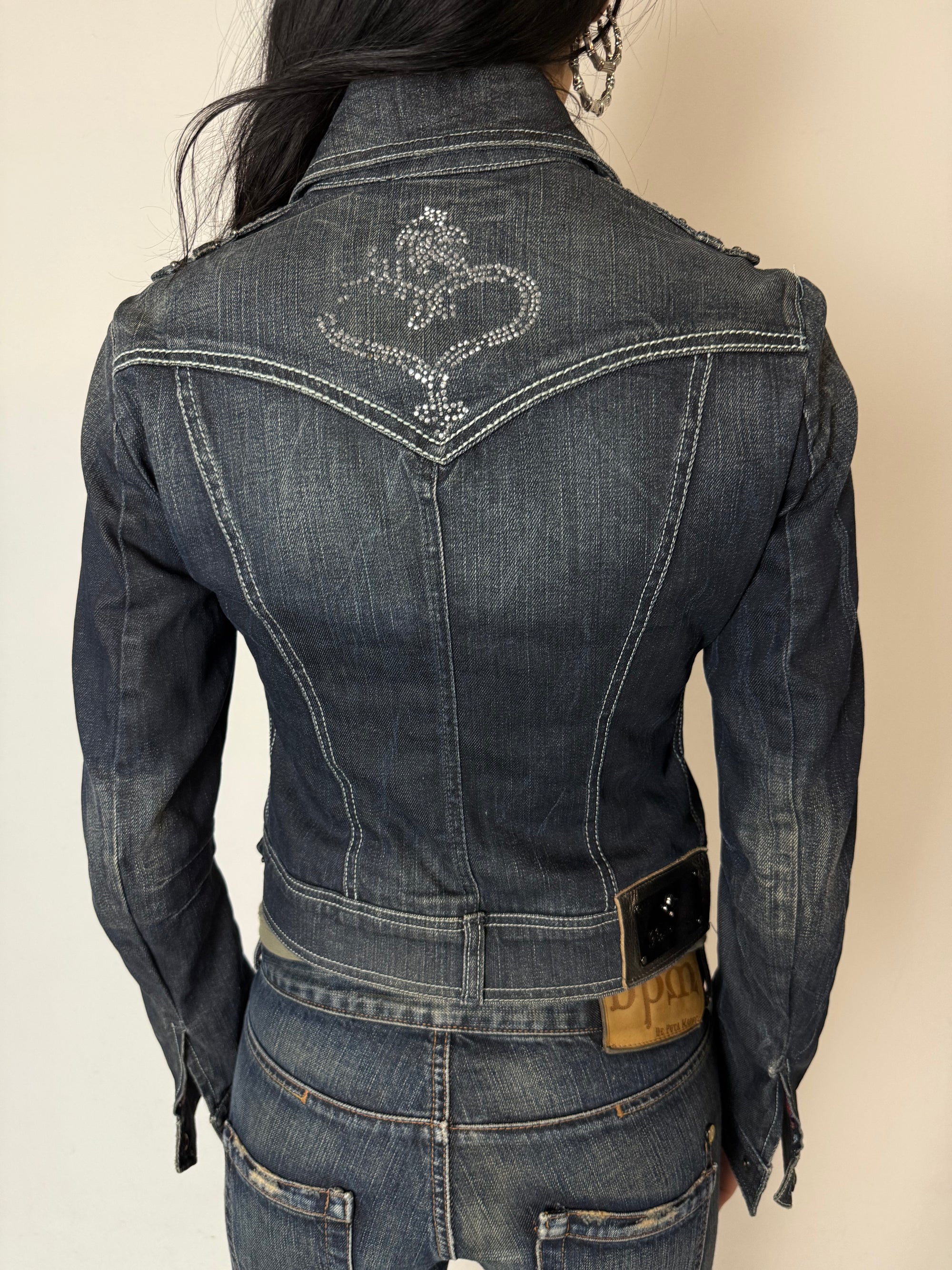 Vintage Blue Grey Rhinestone Denim Jacket S