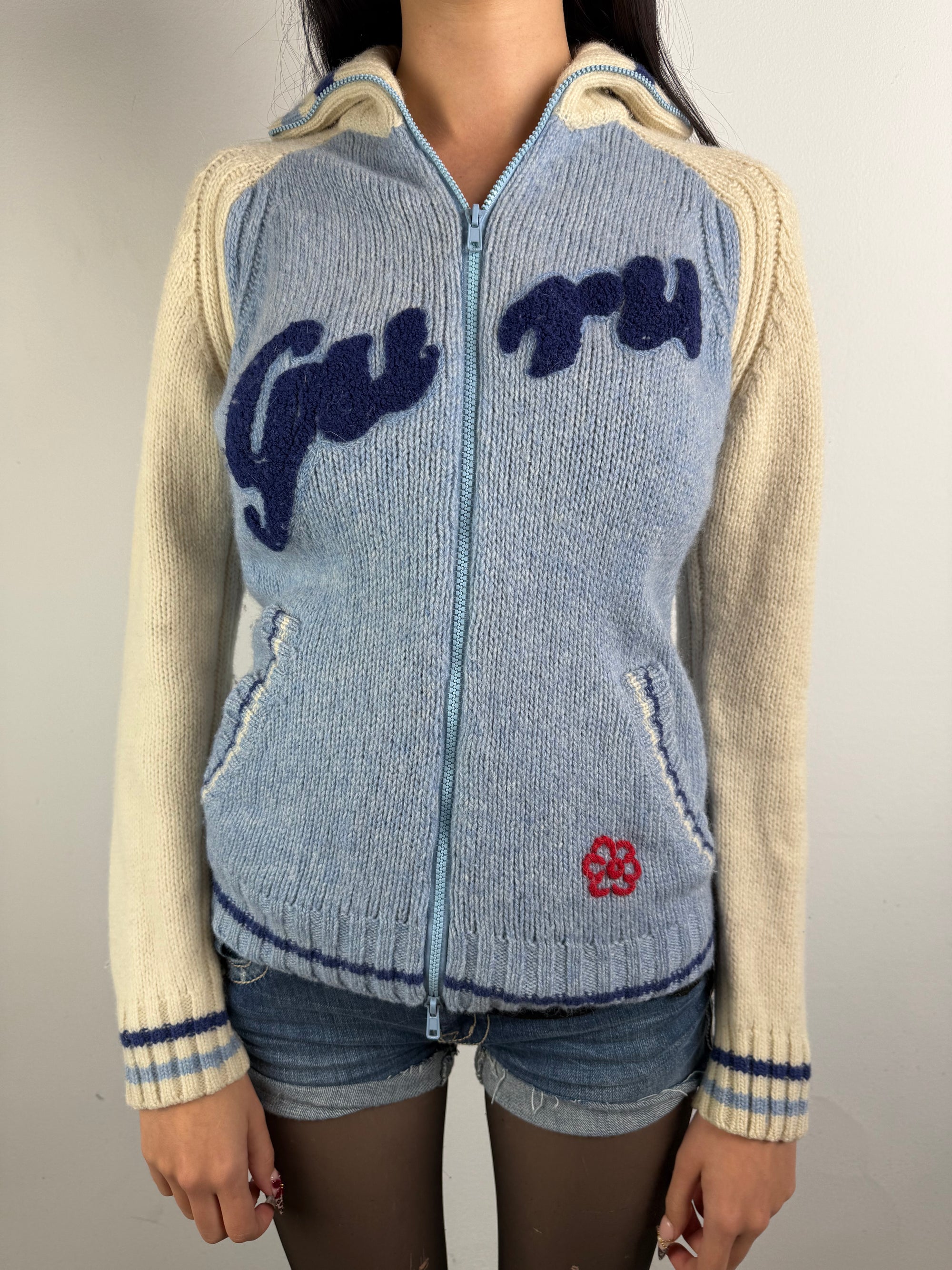Vintage Guru Blue and Cream Knit Zip Up M