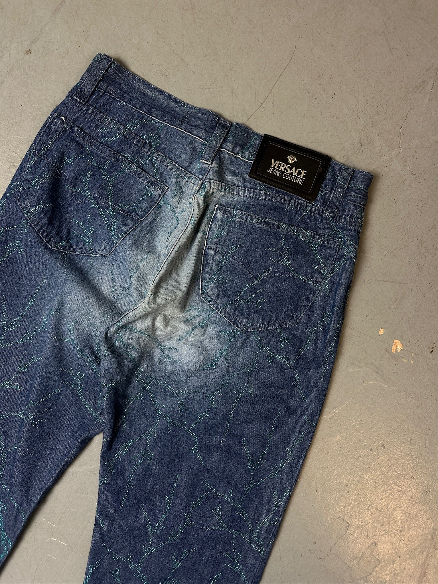 Vintage Versace Bootcut Denim with Blue Glitter Details XS
