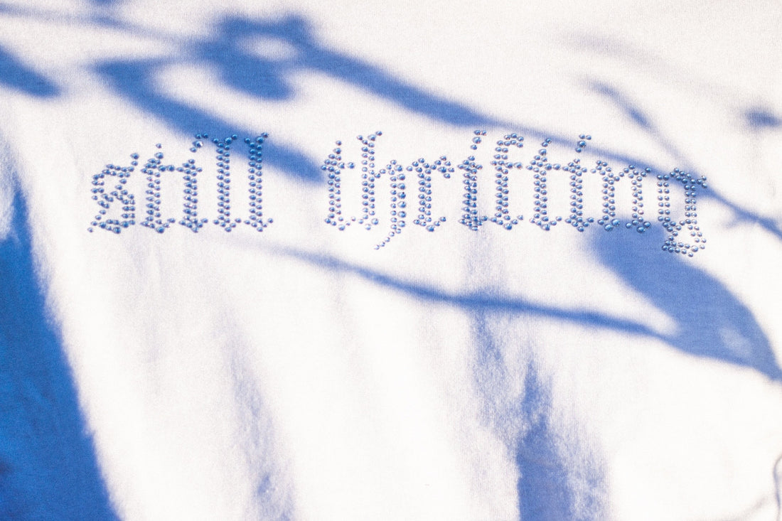 Still Thrifting Merch Shirt white rhinestone Blog Still Thrifting