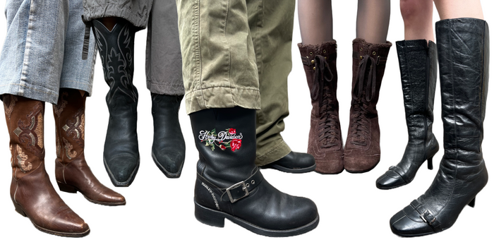 Zu sehen sind Fünf unserer Stiefel wie zum Beispiel Coeboy Boots, Harley Davidson Bikerboots und kniehohe Lederstiefel.