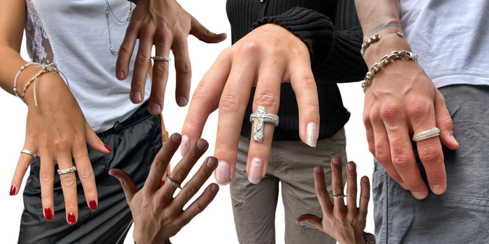 Zu sehen sind Tragebilder von verschiedenen Händen mit Ringen von der Marke Ringsbyclausen.
