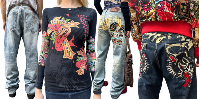 Zu sehen sind verschiedene Artikel der Marke Ed Hardy. Untere anderem 3 verschieden Hosen mit Backprint. Ein Longsleeve und ein Sweater.