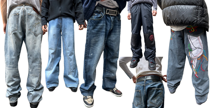 Zu sehen sind verschiedene Baggy Pants. Die Farben sind von hellen bis dunklen Denim diverse. Eine Tragpants ist auch hinsehen und eine Denim hat einen Backprint.