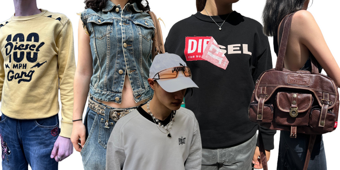 Zu sehen sind vier unserer Diesel Kleidungsstücke wie ein gelber Sweater und eine Jeansweste, sowie eine braune Ledertasche und eine Sonnenbrille.