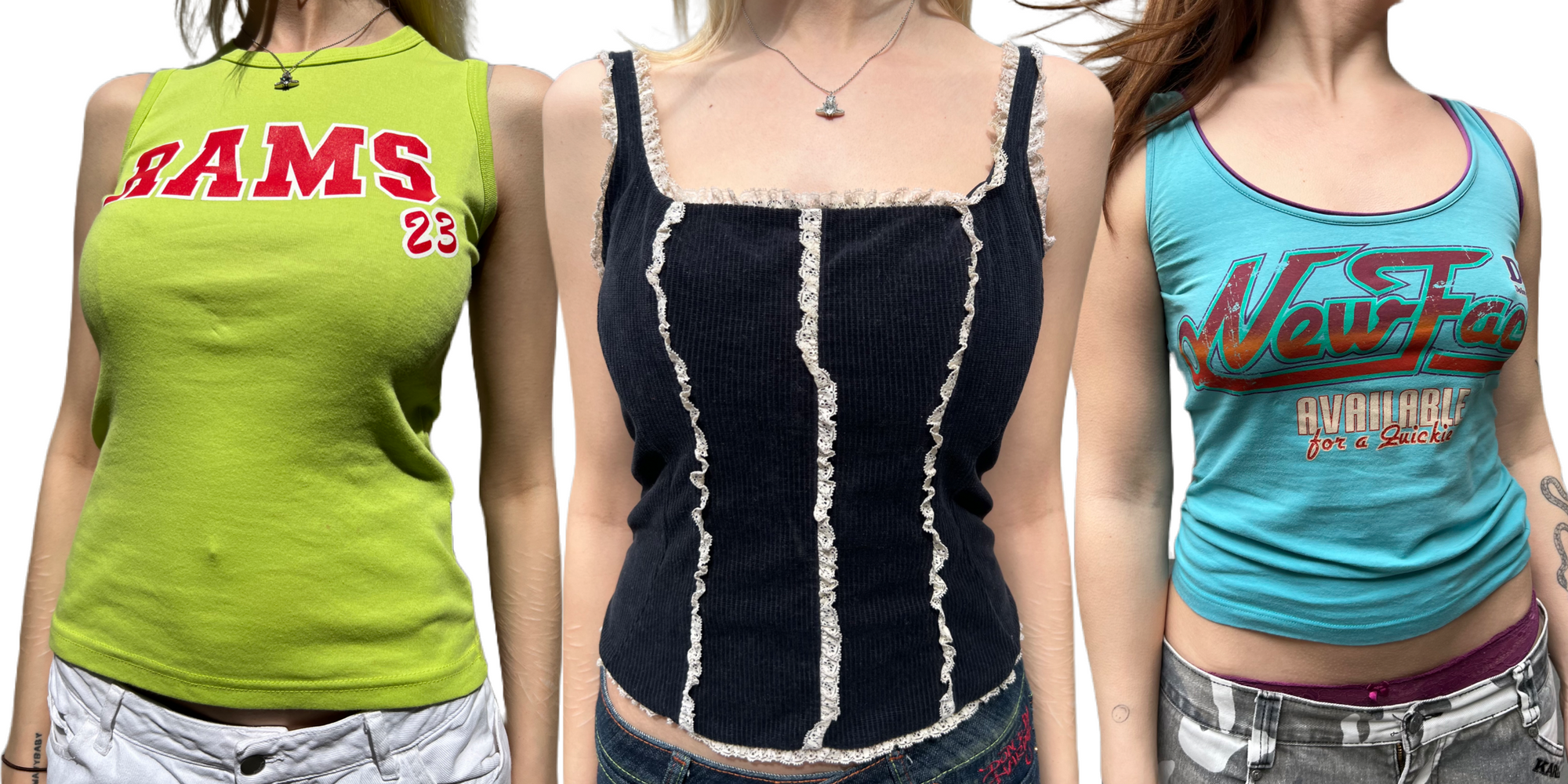 Zu sehen ist eine Auswahl aus drei Girl Tops. Zum Beispiel ein schwarzes mit weißen ausgefransten Streifen oder ein Hellblaues mit einem Orangenem Schriftzug.