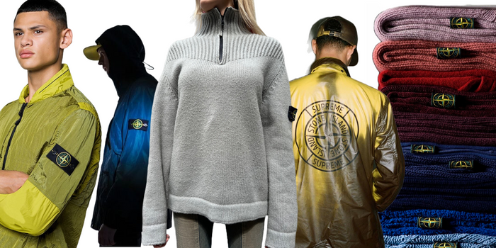 Zu sehen ist eine Auswahl an mehreren Stone Island Oberteilen wie Zipper und Strickpullover in verschiedenen Farben.