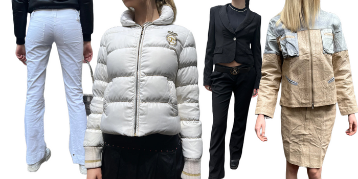 Zu sehen sind zwei Kleidungsteile und zwei komplette Outfits von Roberto Cavalli.