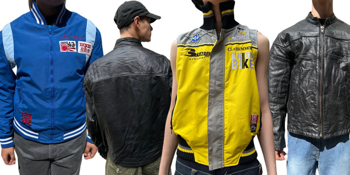 Zu sehen sind vier unserer Racing Jackets, darunter zwei schwarze Lederjacken, eine blaue SOHO Jacke und eine Gelbe Jacke ohne Ärmel.