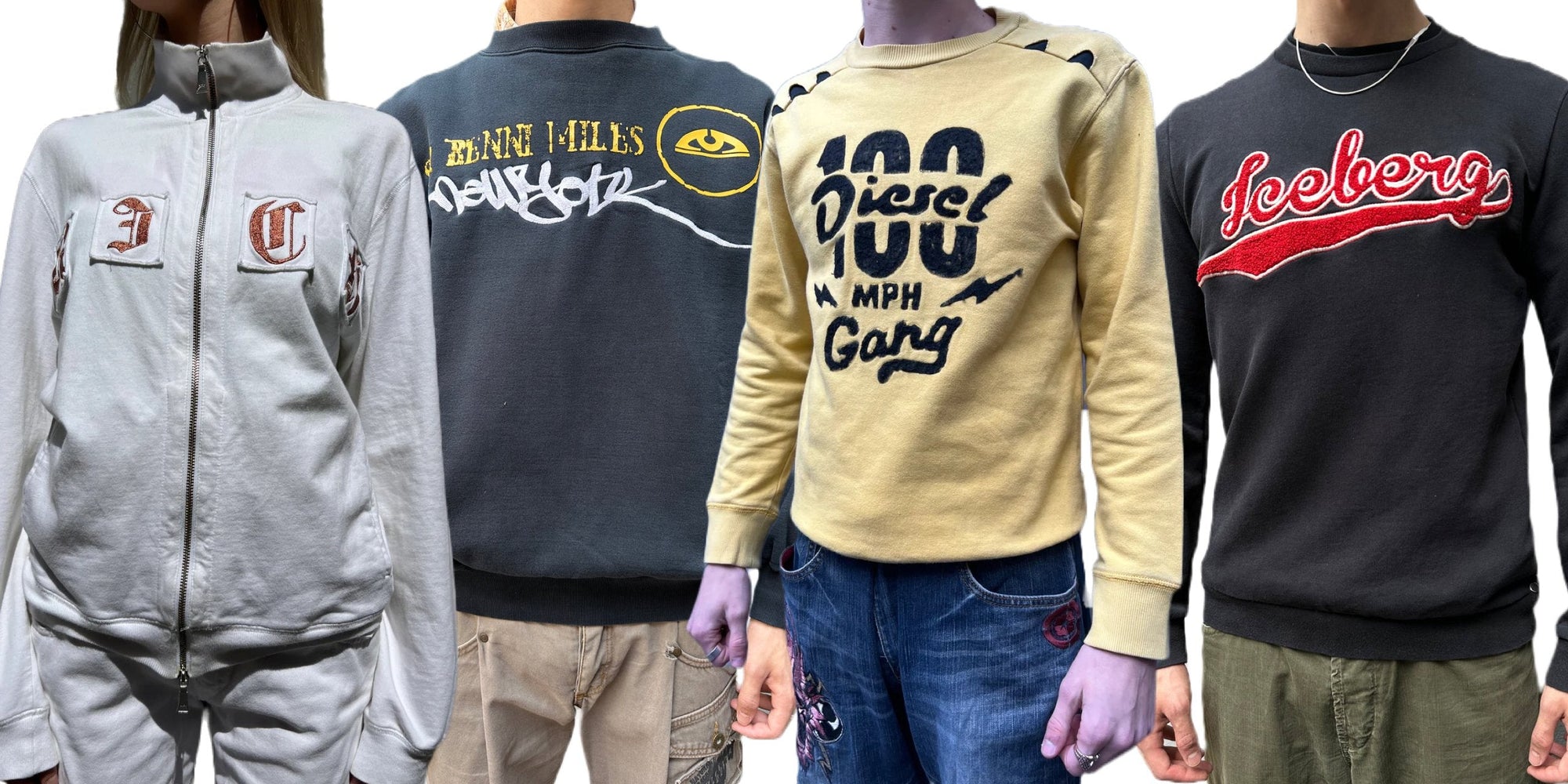 Zu sehen ist eine Auswahl unserer verschiedenen Sweater von diversen Marken wie zum Beispiel Diesel und Iceberg.