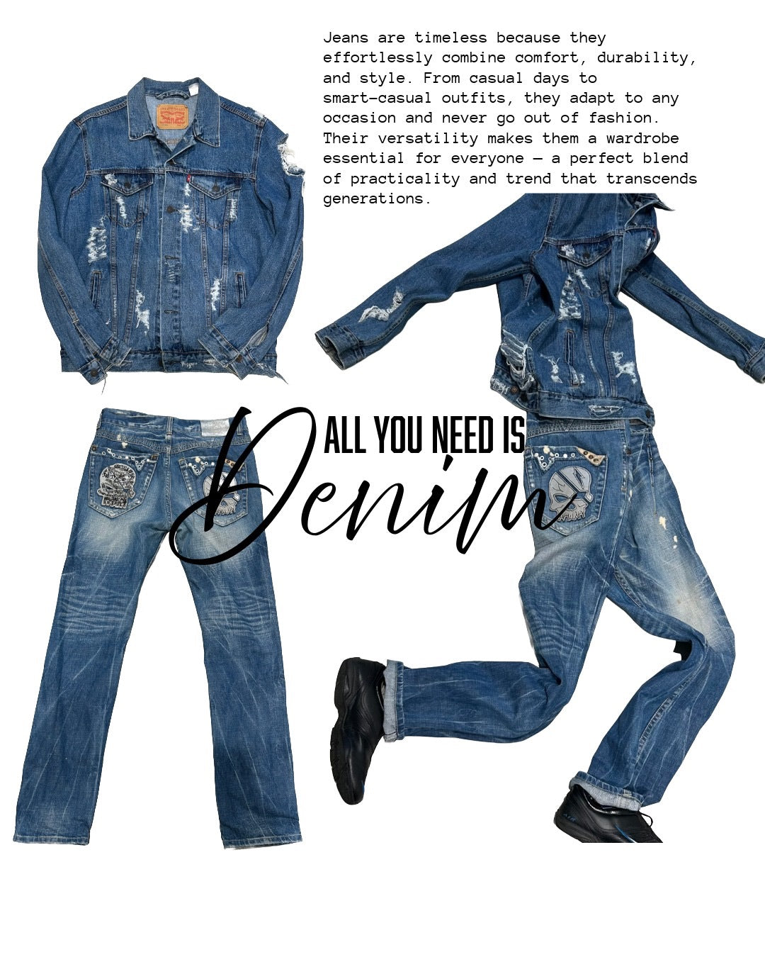 Zu sehen sind verschiedene Artikel unter der Kategorie Denim. Unter anderem ein Jeansrock, drei verschiedene Taschen und eine Kopfbedeckung.