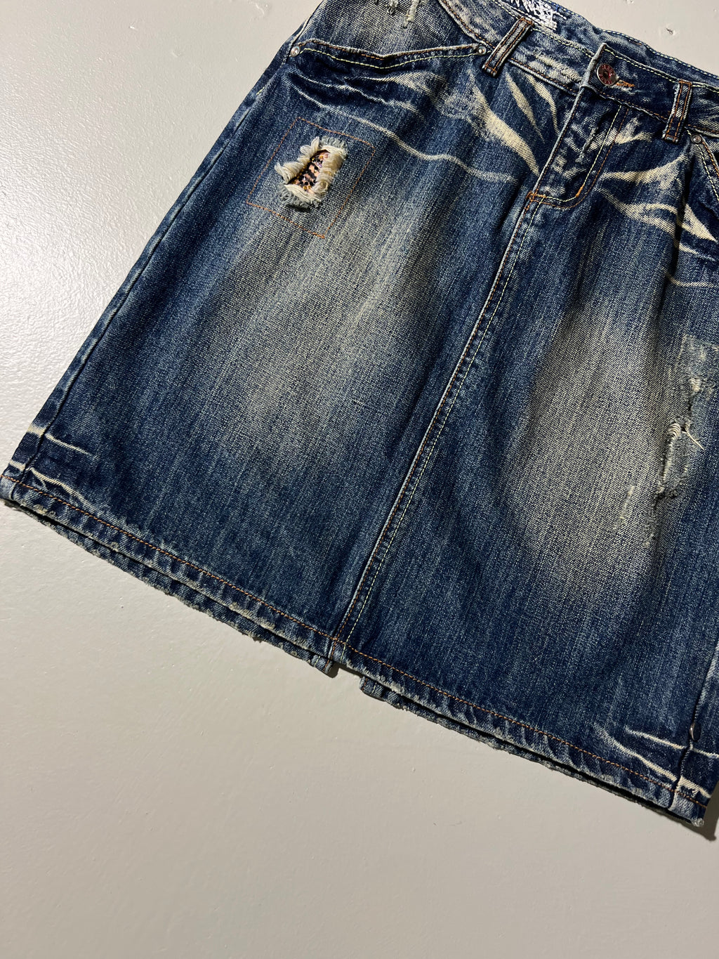 Vintage Jeans Midi Skirt with Ripped Details M