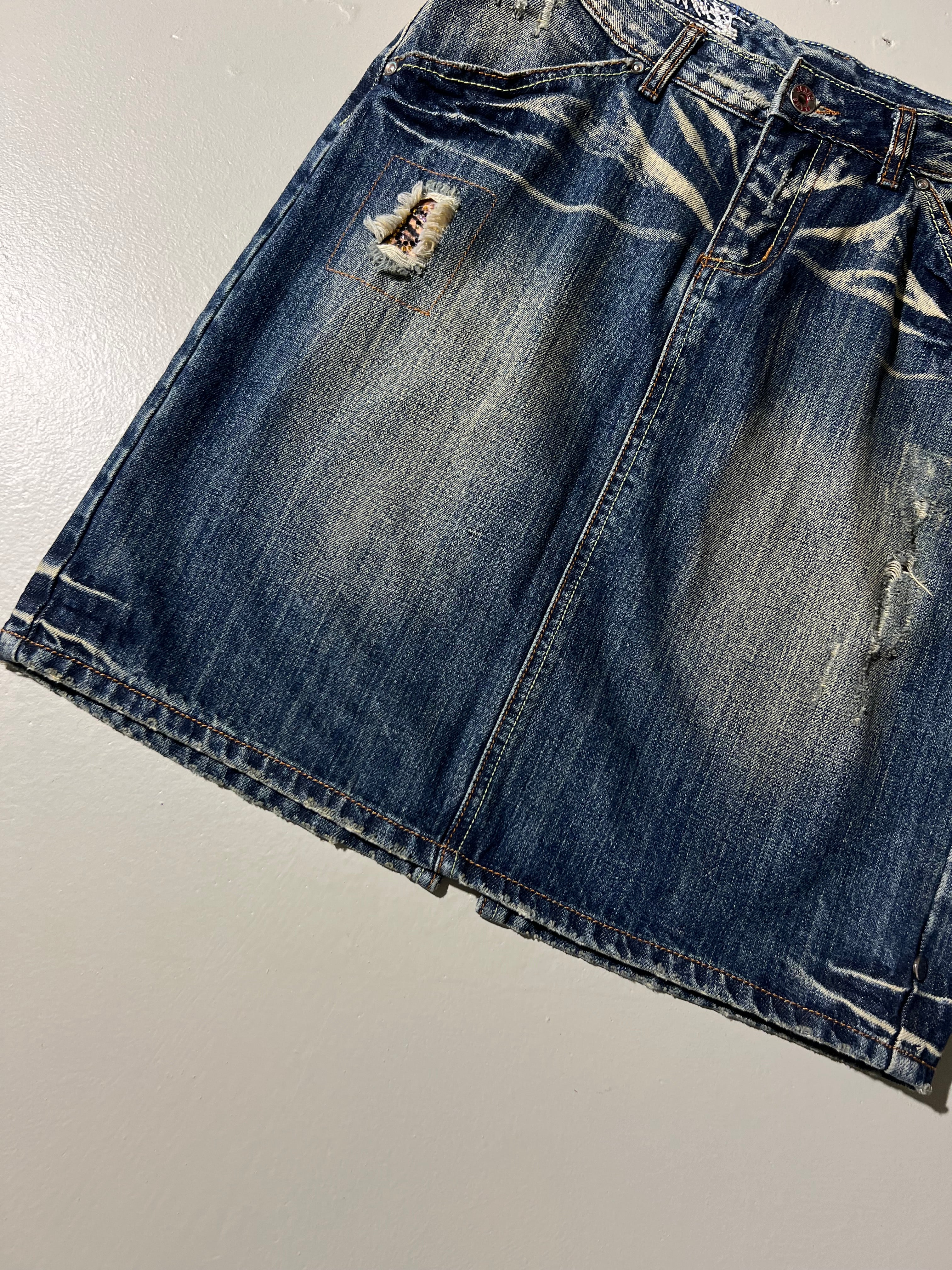 Vintage Jeans Midi Skirt with Ripped Details M