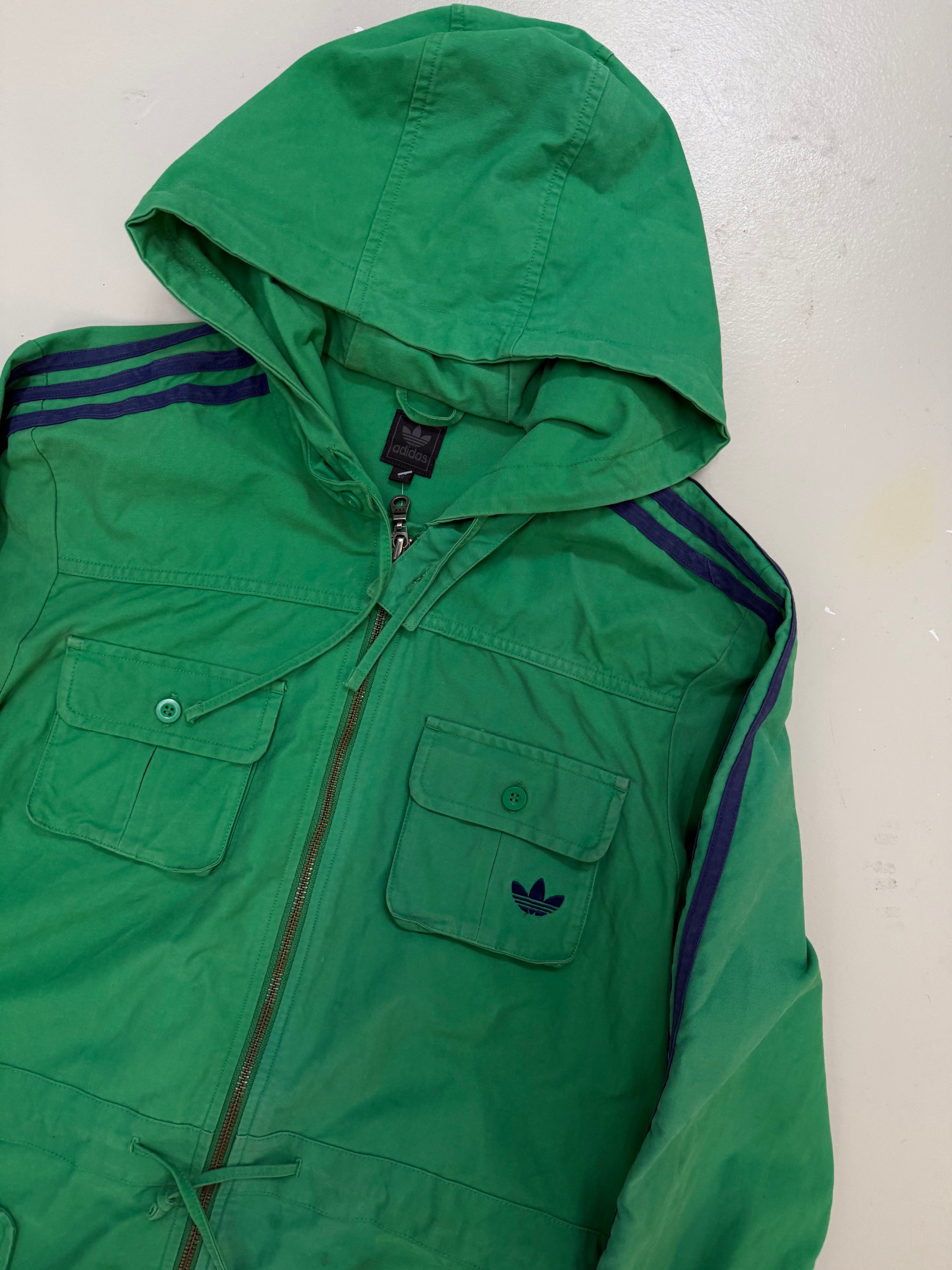 Vintage Adidas Green/Blue Hooded Coat für Frauen. Y2K second hand 2000s Fashion