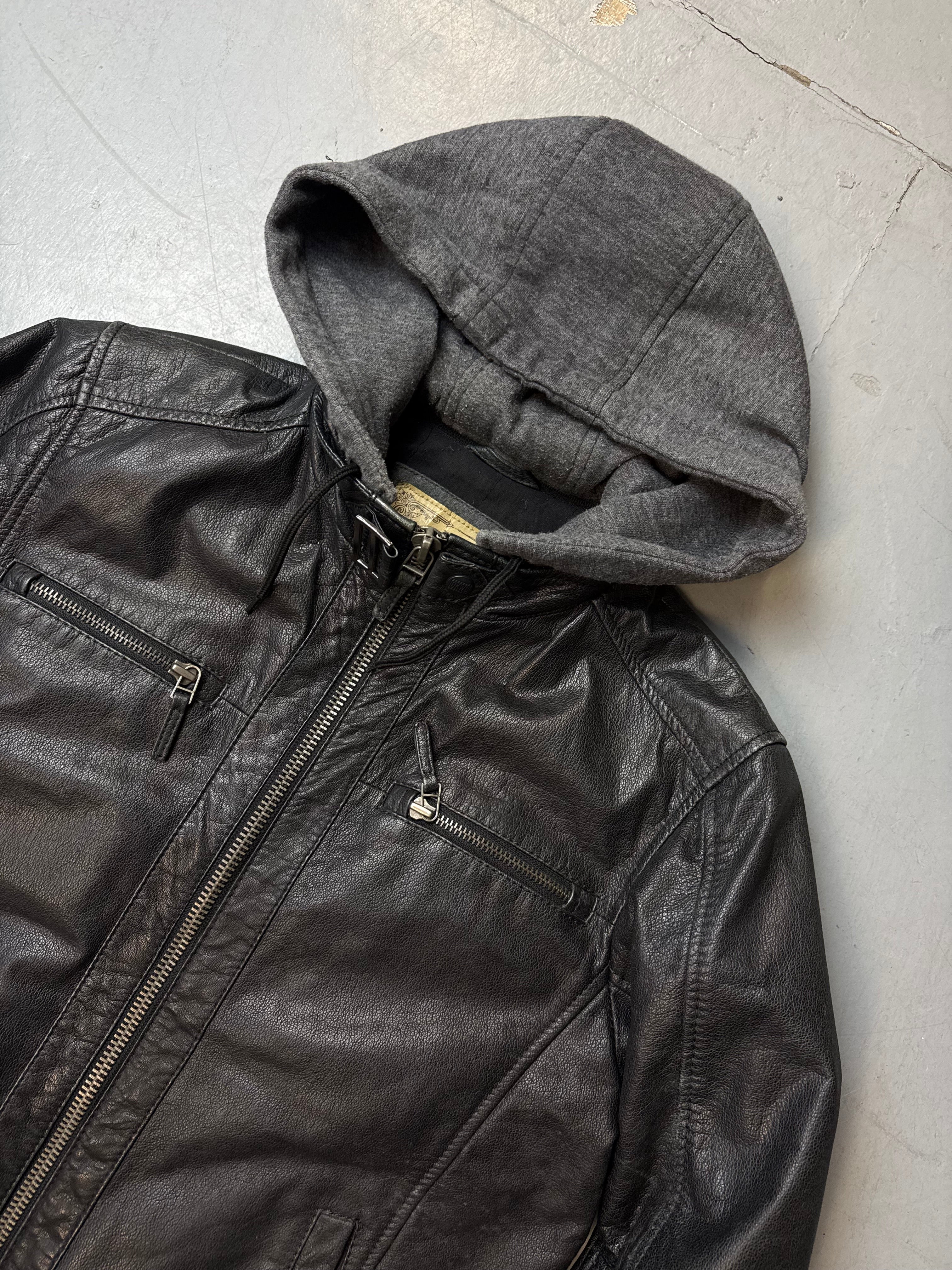 Vintage Oakwood Black Hooded Leather Jacket M