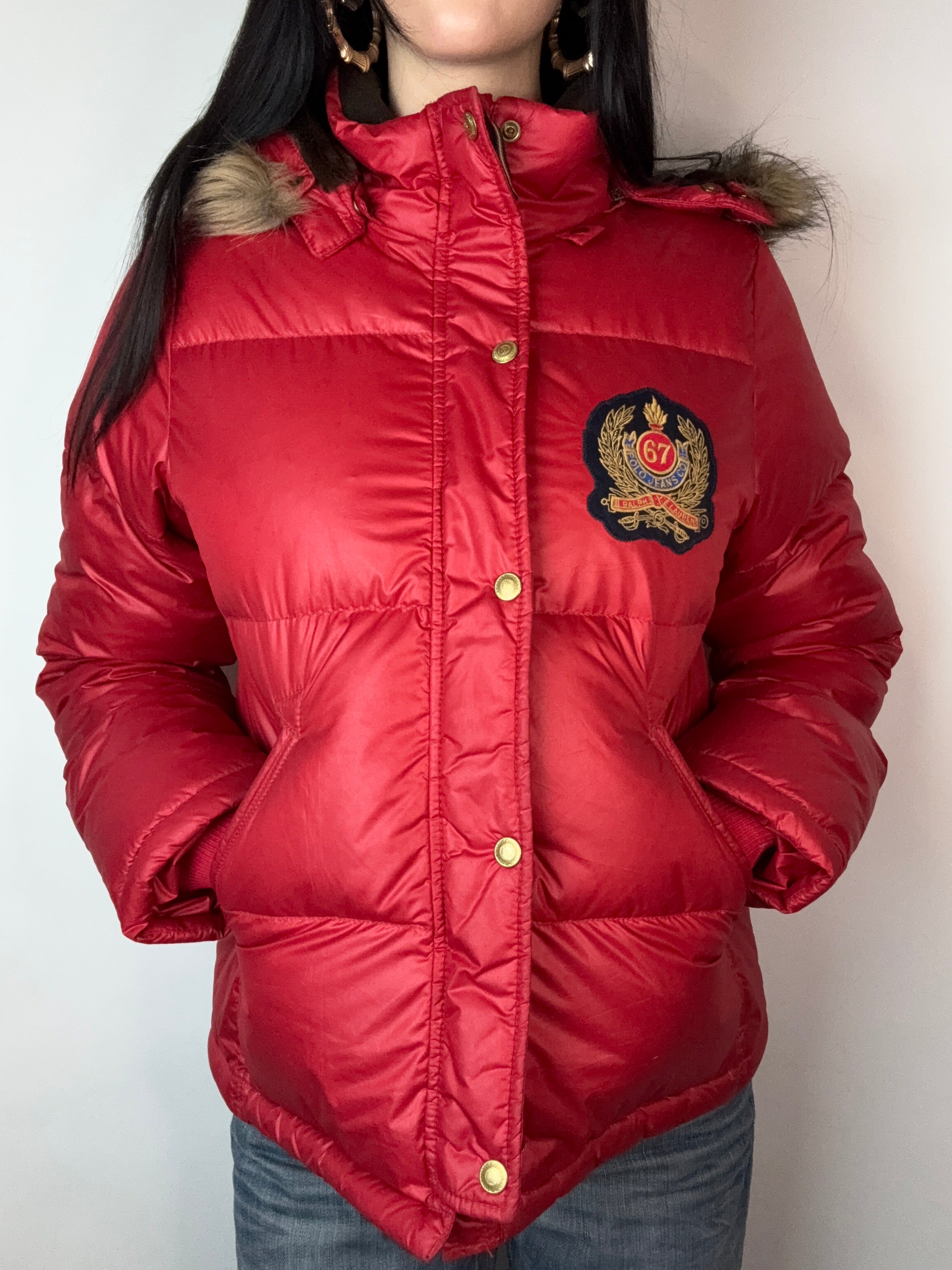 Vintage Polo Ralph Lauren Red Down Jacket with Faux Fur Hood L/XL