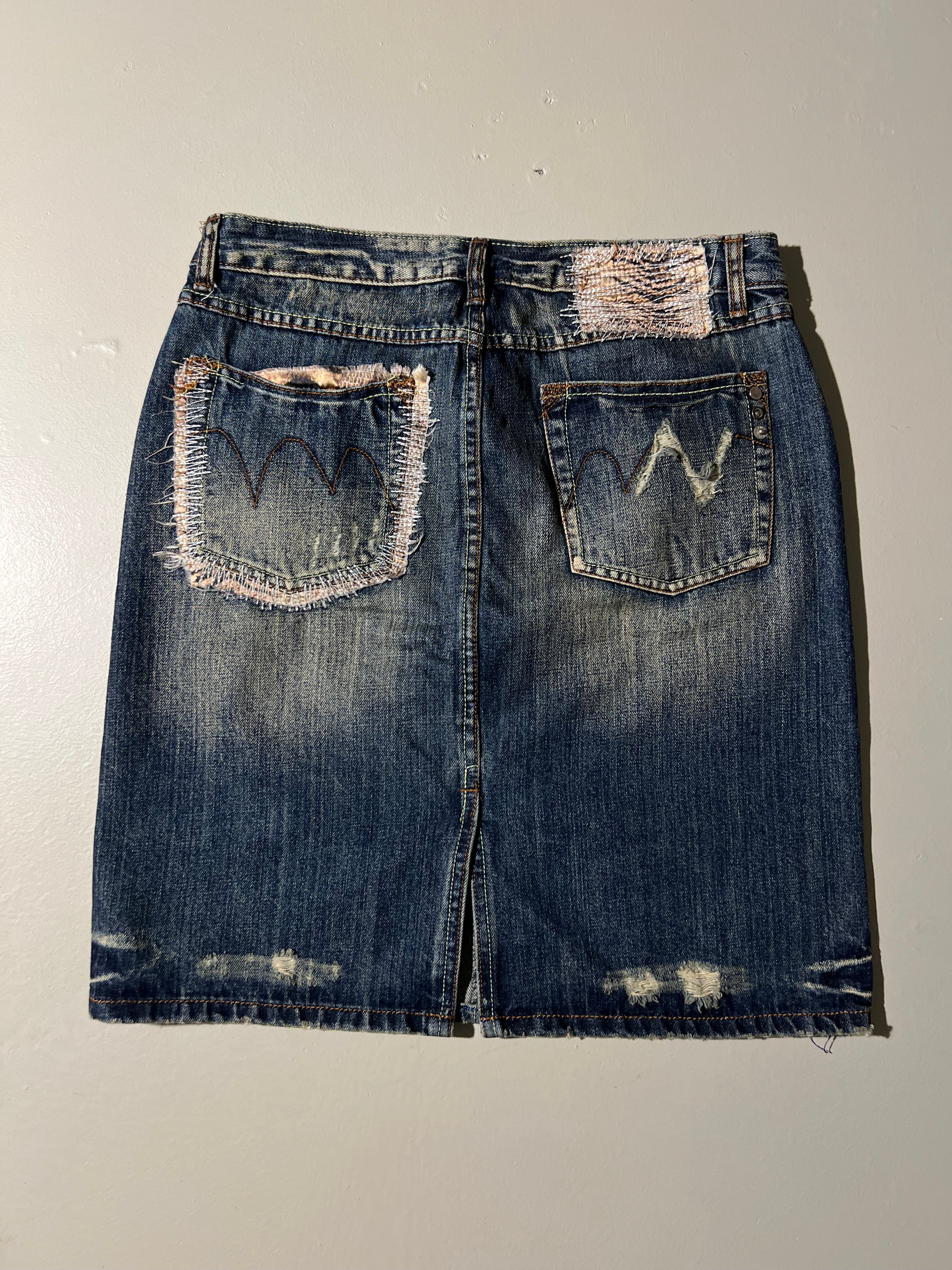 Vintage Jeans Midi Skirt with Ripped Details M