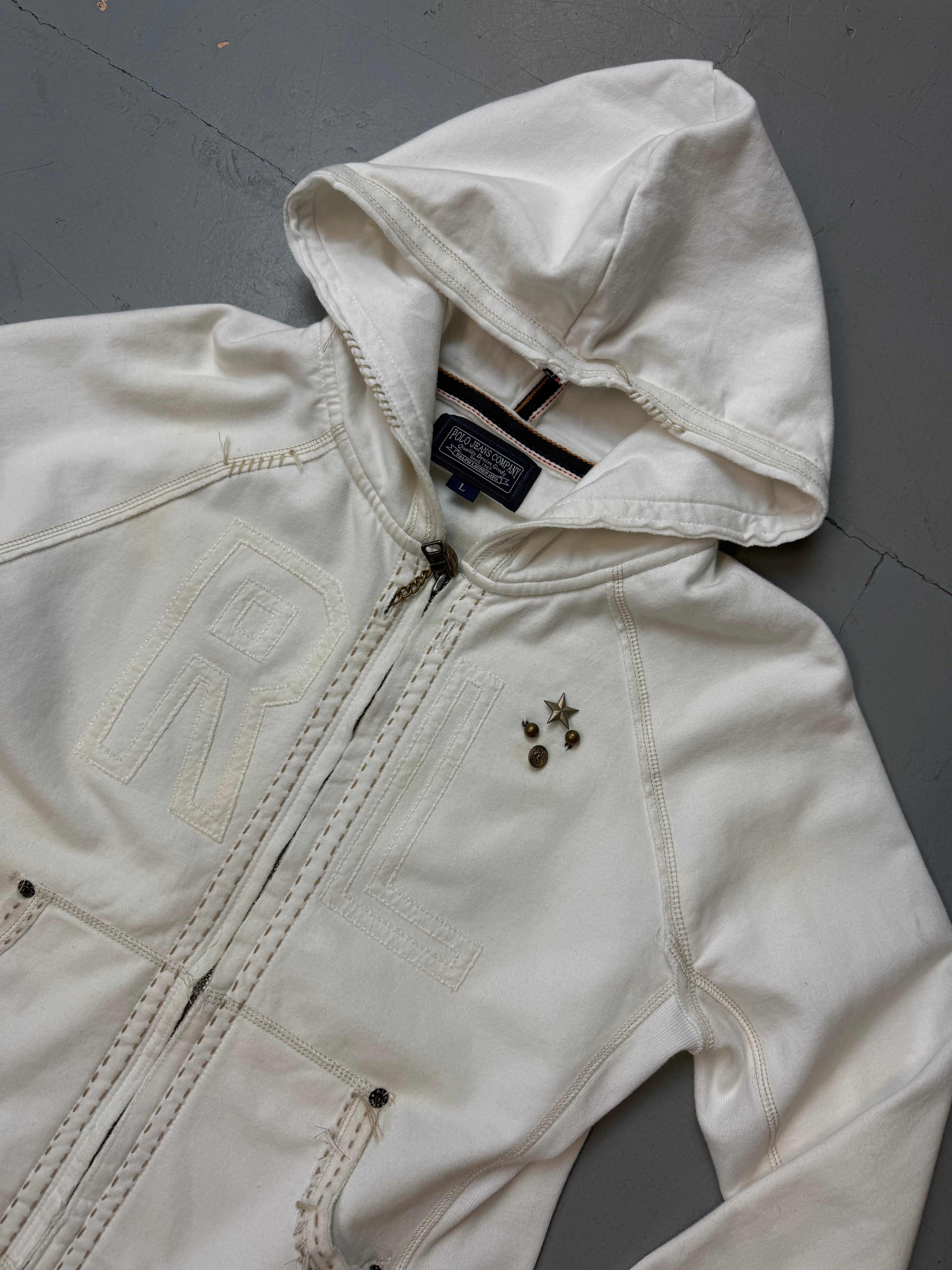 Vintage Polo Ralph Lauren White Hooded Zip Jacket für Damen. Y2K Second Hand 2000s Fashion