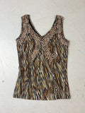 Vintage Brown Zebra Print Top mit Perlendetails für Damen. Y2K Second Hand 2000s Fashion