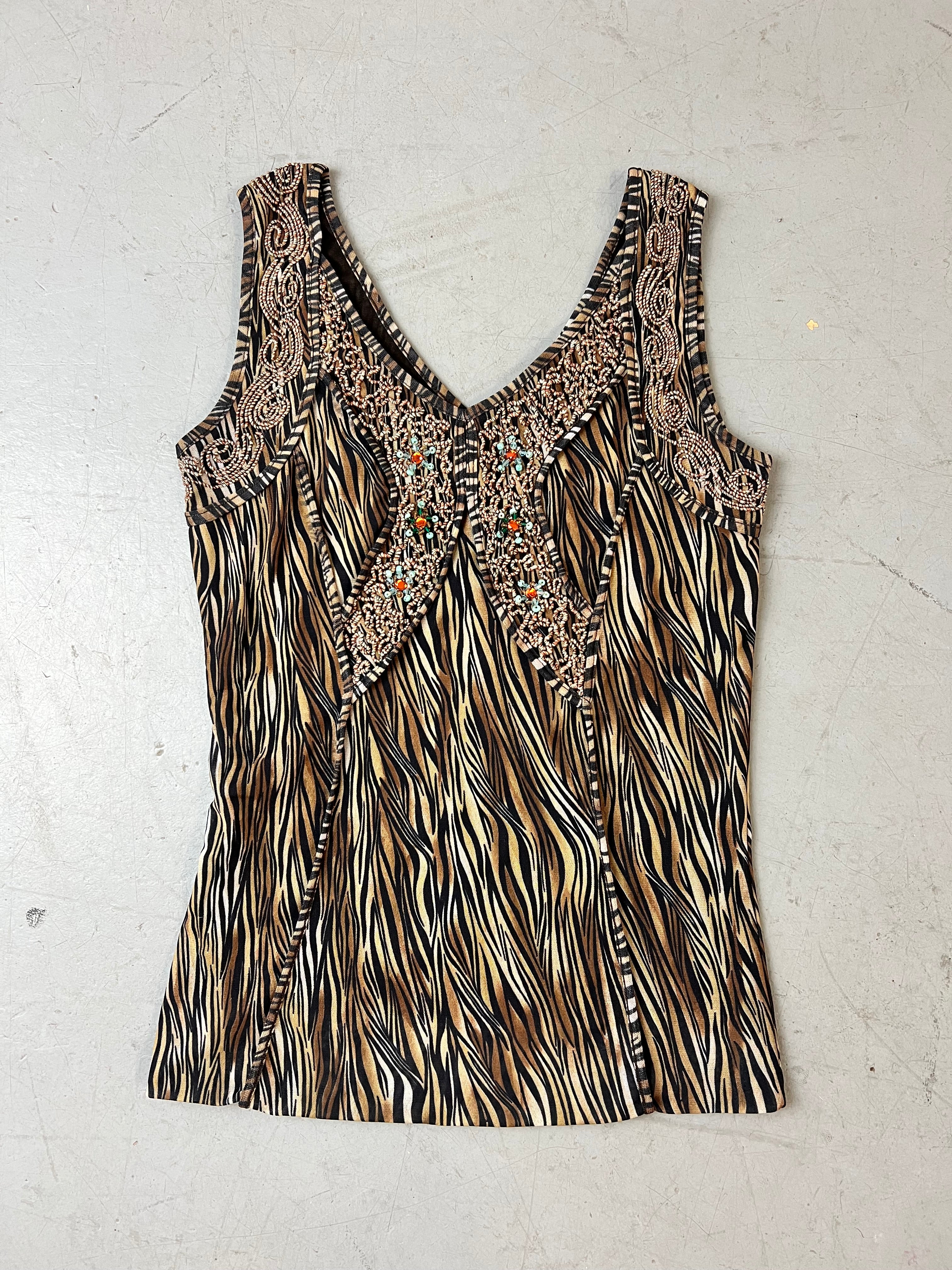 Vintage Brown Zebra Print Top mit Perlendetails für Damen. Y2K Second Hand 2000s Fashion