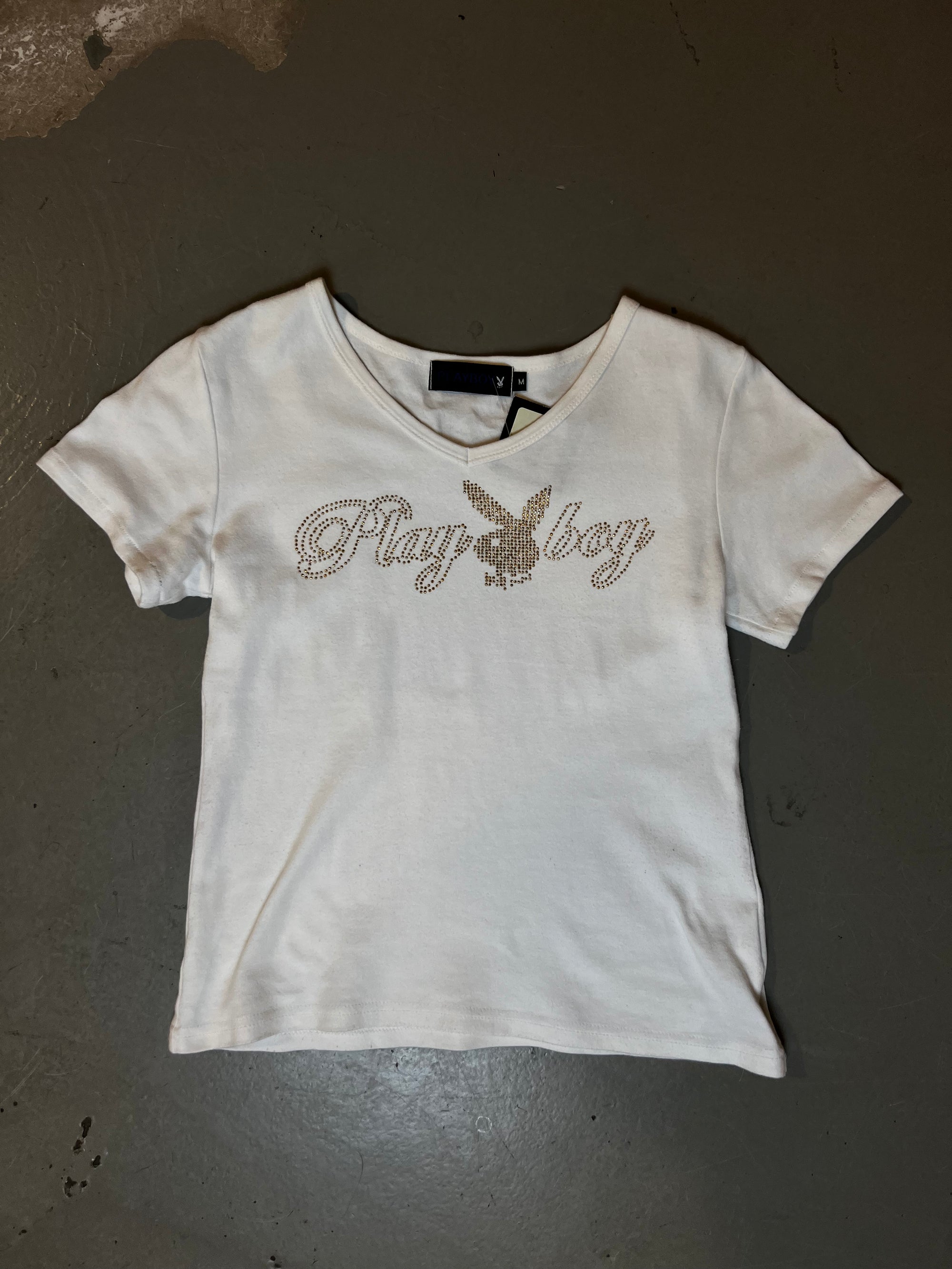 Vintage Playboy White Tee with Gold Rhinestones M