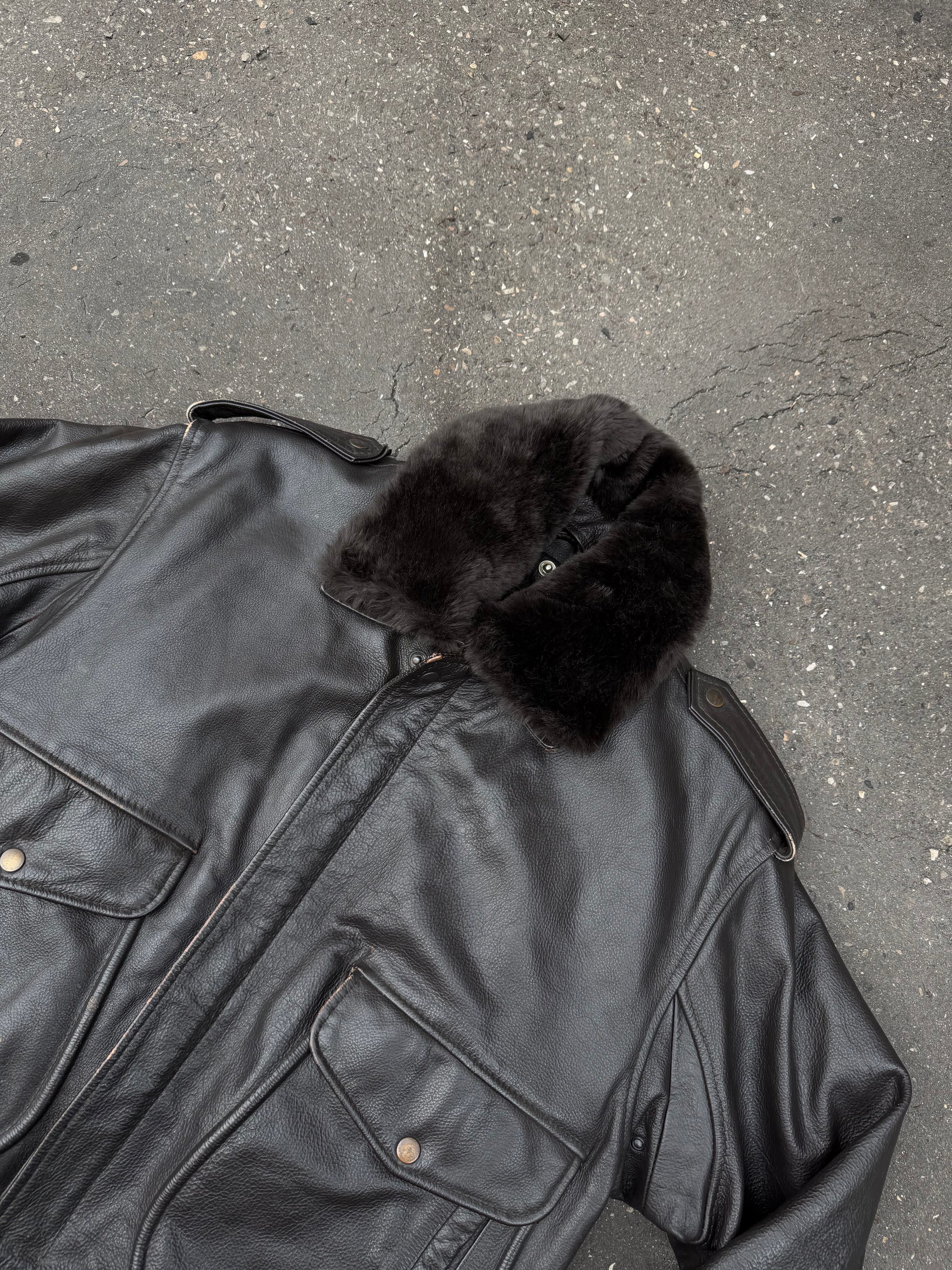 Vintage Brown Double Lined Leather Jacket with Removable Fur Collar
