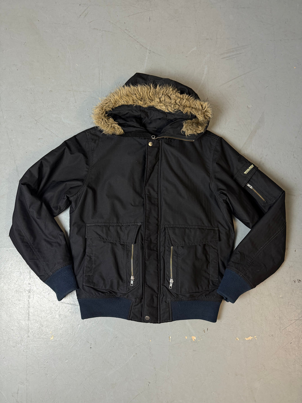 Vintage Woolrich Black Winter Jacket with Fur Hood M/L