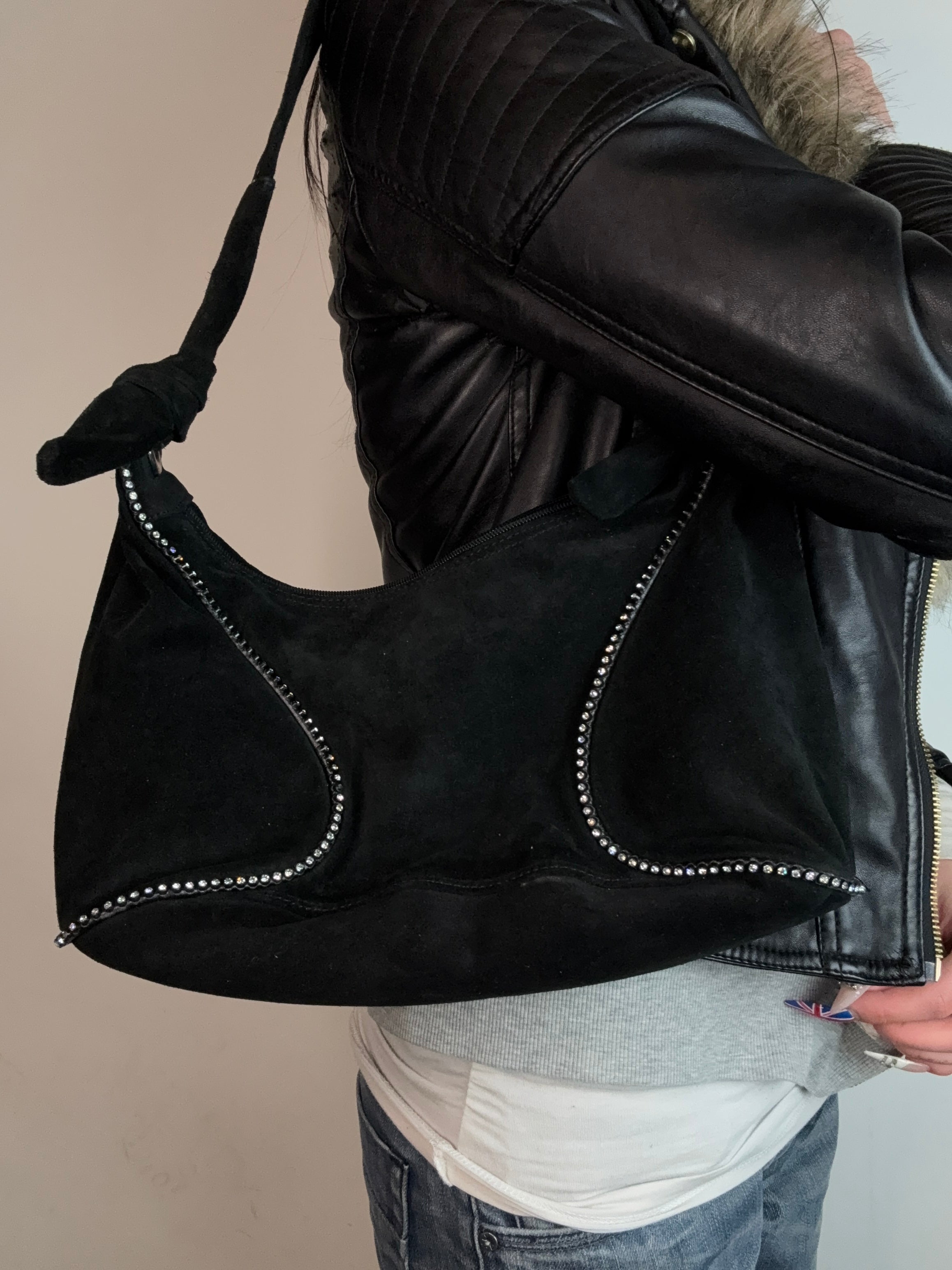 Vintage Eleonora Ricci Black Bag with Rhinestones für Damen. Y2K Second Hand 2000s Fashion