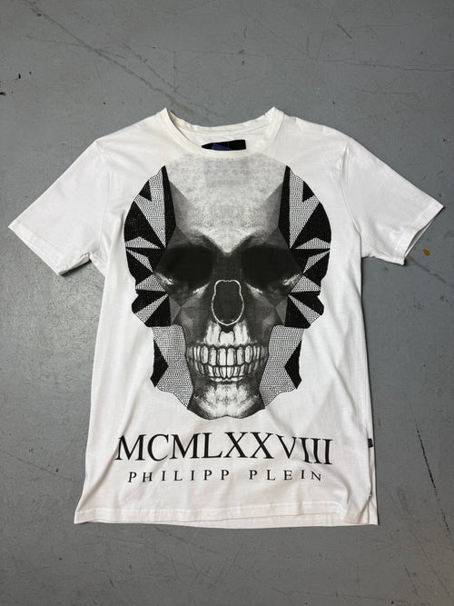 Vintage Philipp Plein Black and White Skull T-Shirt whit glitter stones for girls. Y2K Second Hand 2000s Fashion 