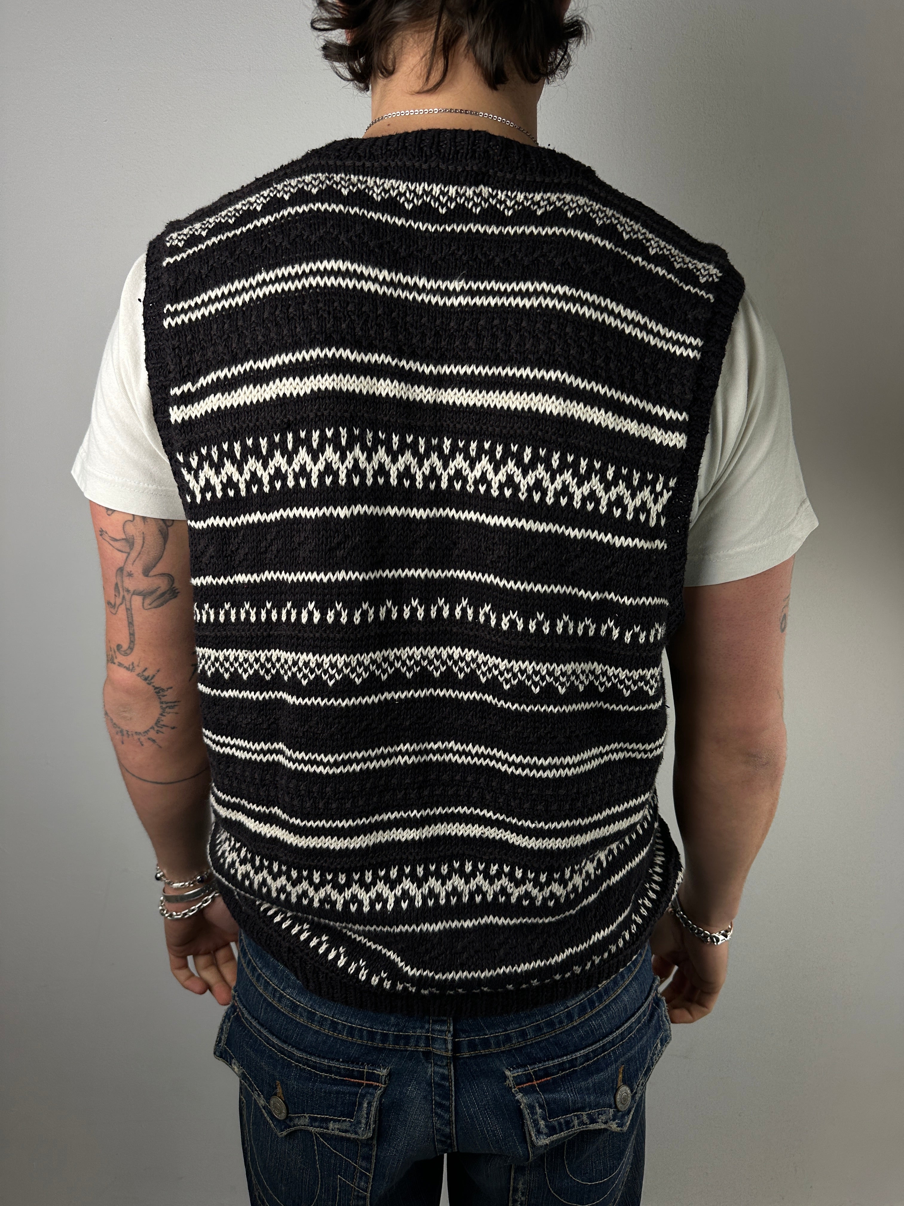 Vintage Polo Ralph Lauren Black and White Sleeveless Knit Sweater für Herren. Y2K Second Hand 2000s Fashion
