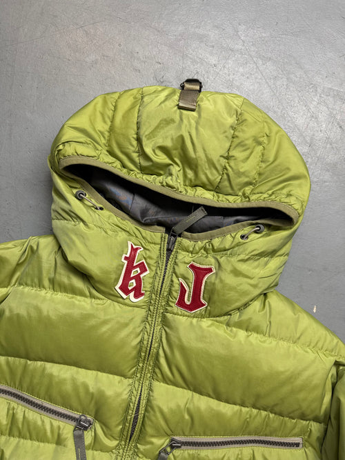Vintage Kejo Green Patched Puffer Jacket with red details for men’s. Y2K Second Hand 2000s Fashion 