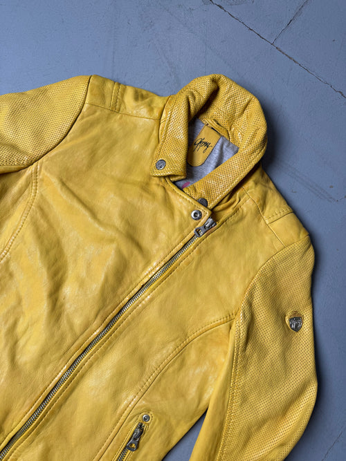 Vintage Gipsy Yellow Leather Jacket für Damen. Y2K Secondhand 2000s Fashion.