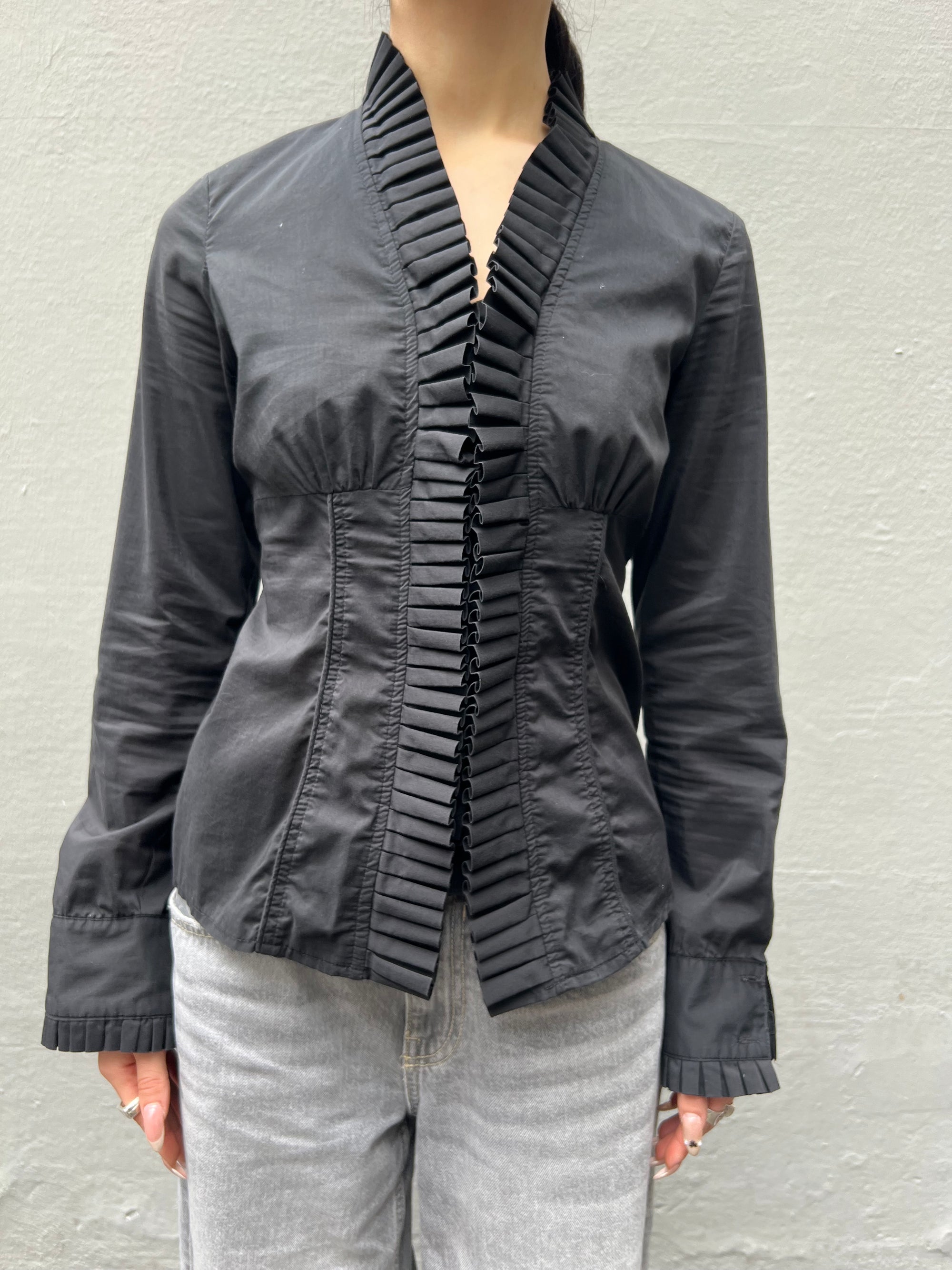 Vintage Black Ruffled Colar Blouse S