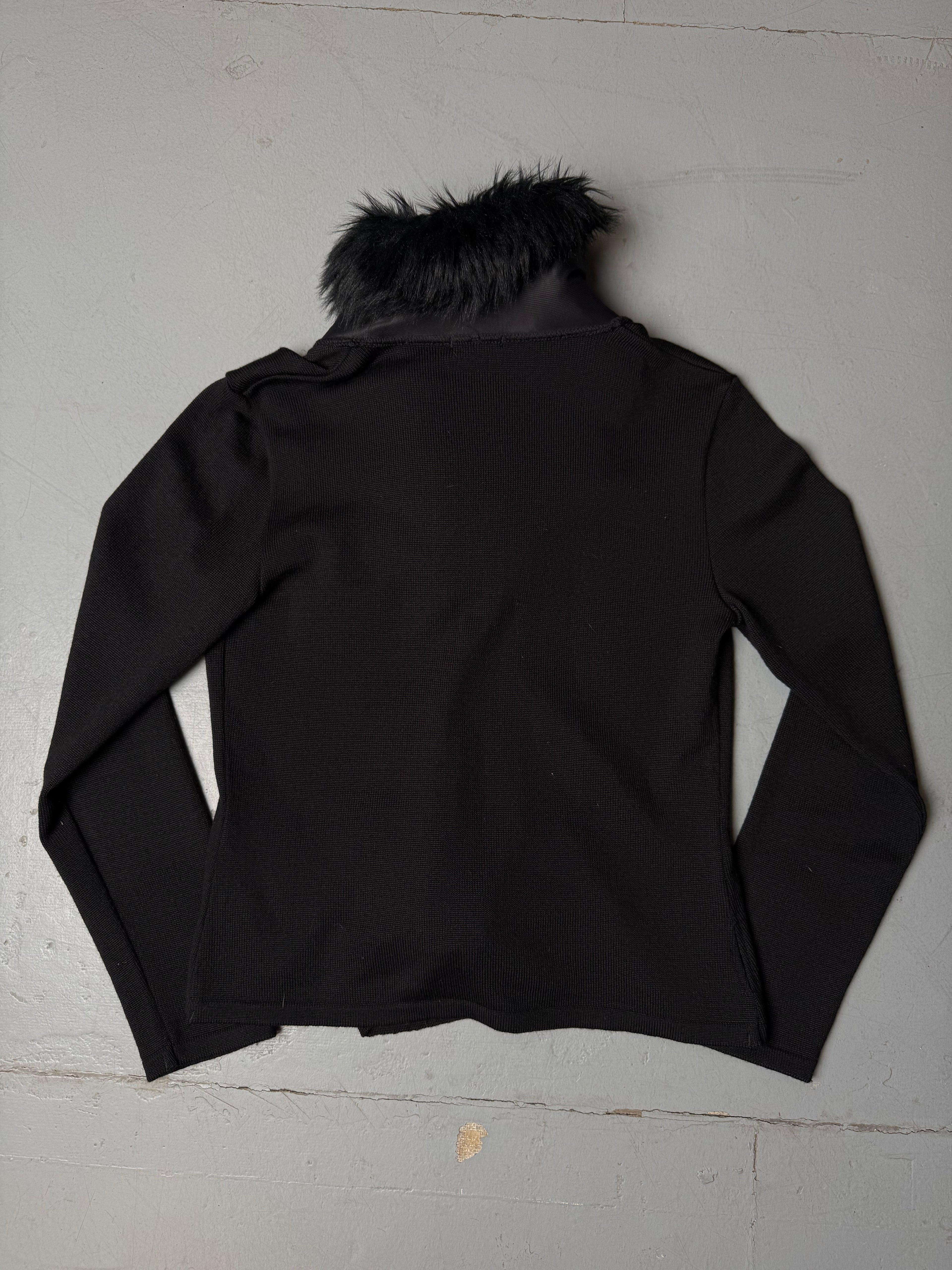 Vintage Black Knit Cardigan with Faux Fur Collar für Damen. Y2K Second Hand 2000s Fashion