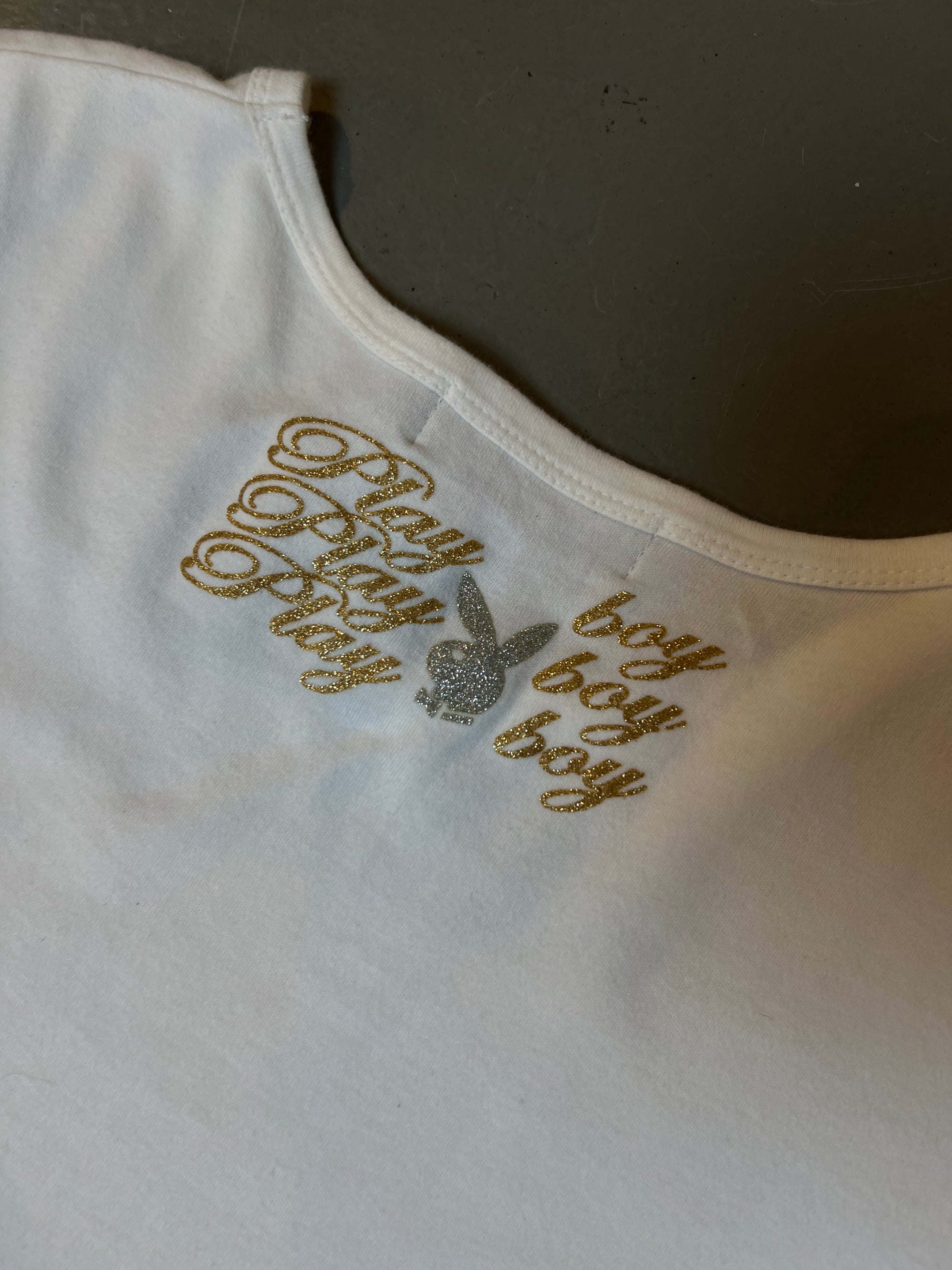 Vintage Playboy White Tee with Gold Rhinestones M