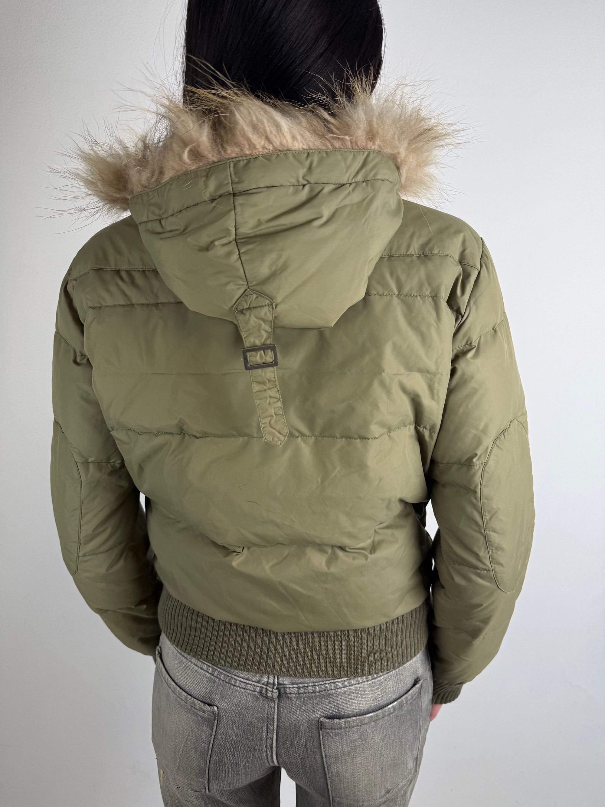 Vintage Y2K Khaki Green Bomber Jacket with Fur Hood S