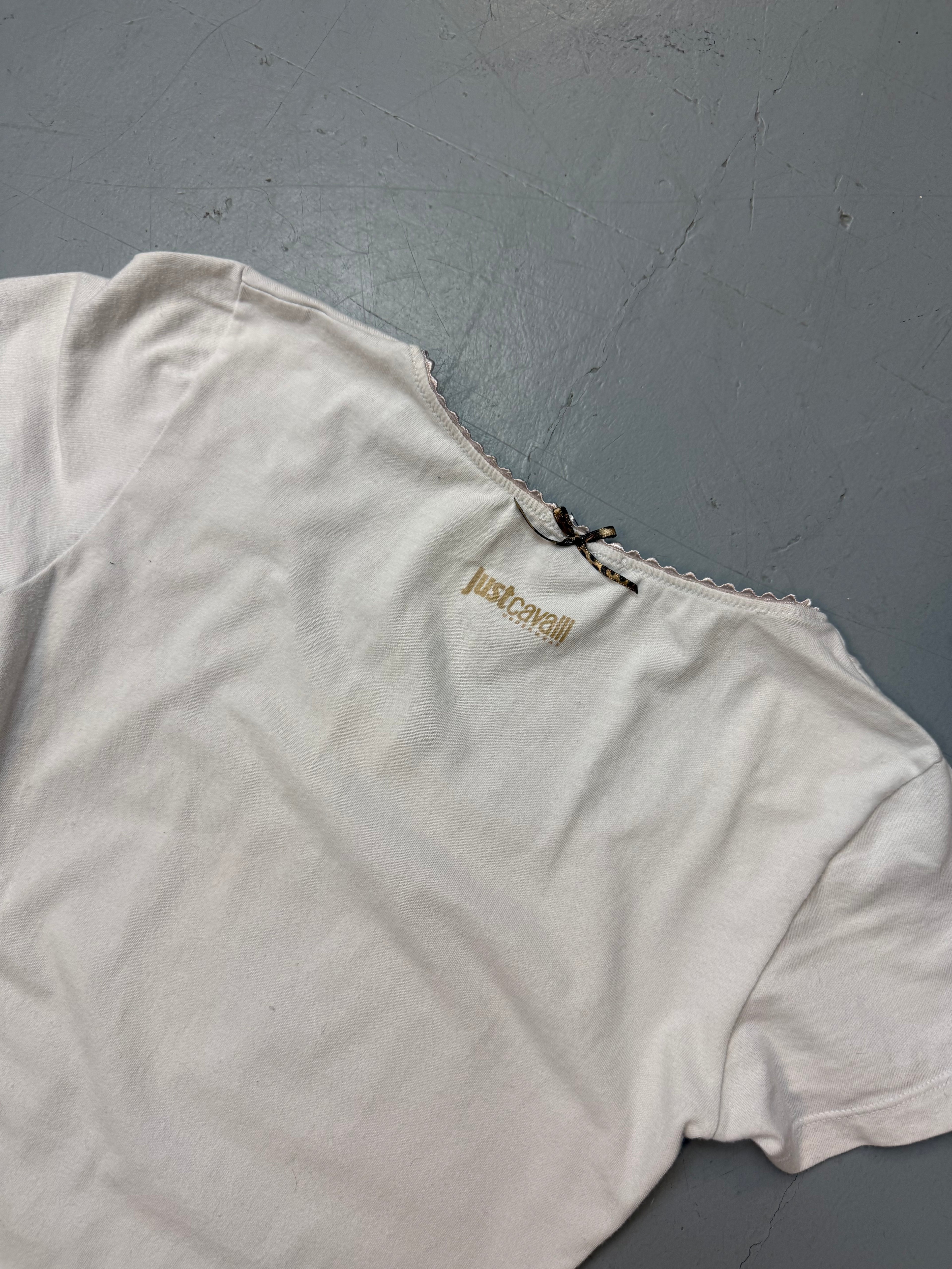 Vintage Just Cavalli White T-Shirt with Gold Glitter Logo Print S