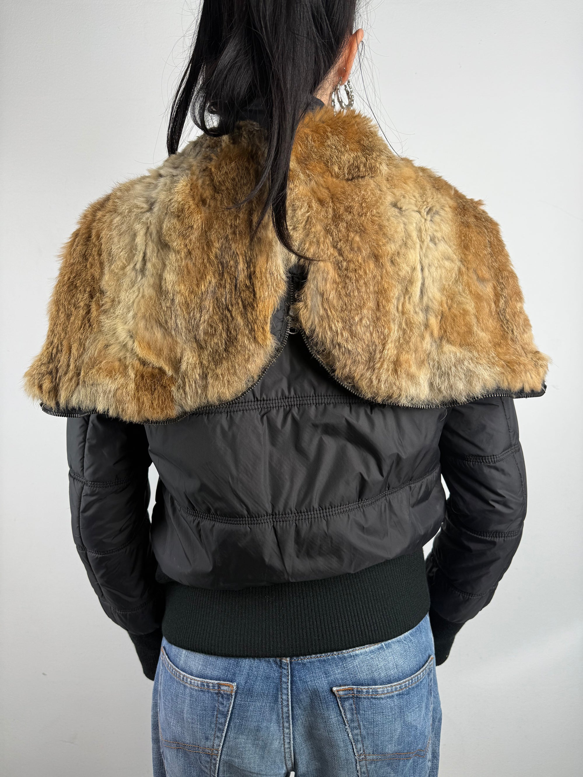 Vintage Y2K Black Puffer Jacket with Fur Hood M