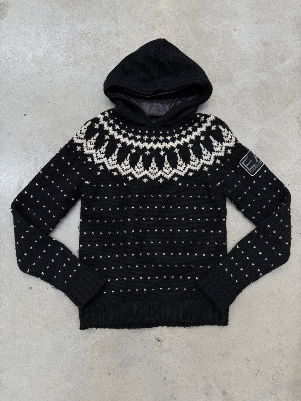 Vintage Emporio Armani Black Hooded Wool Knit Sweater für Herren Y2K Second Hand Fashion