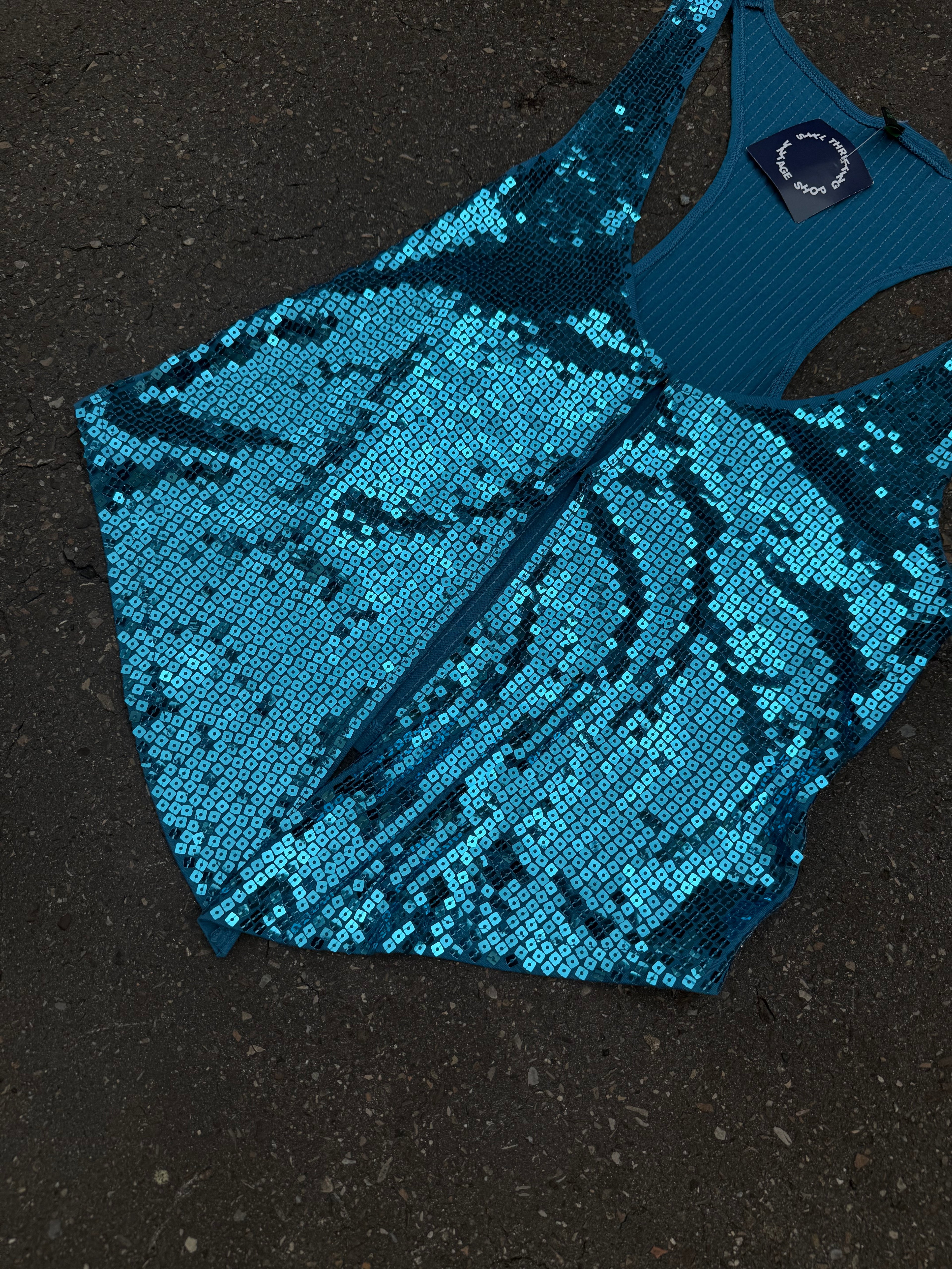 Vintage Y2K Blue Party Glitter Top M