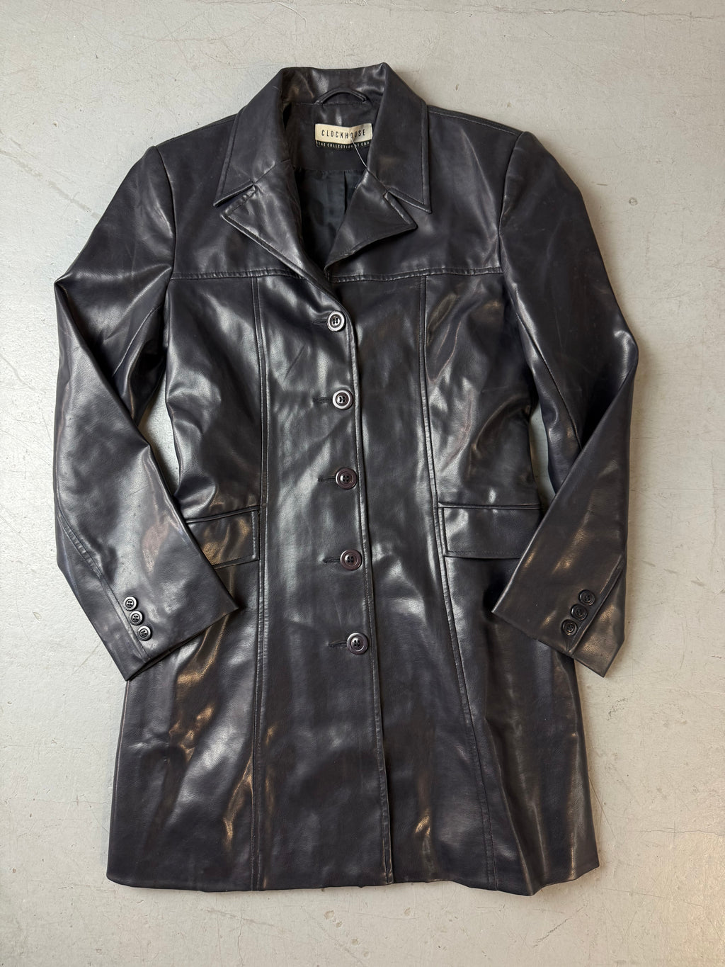Vintage Dark Blue Faux Leather Coat für Damen. Y2K 2000s Fashion.