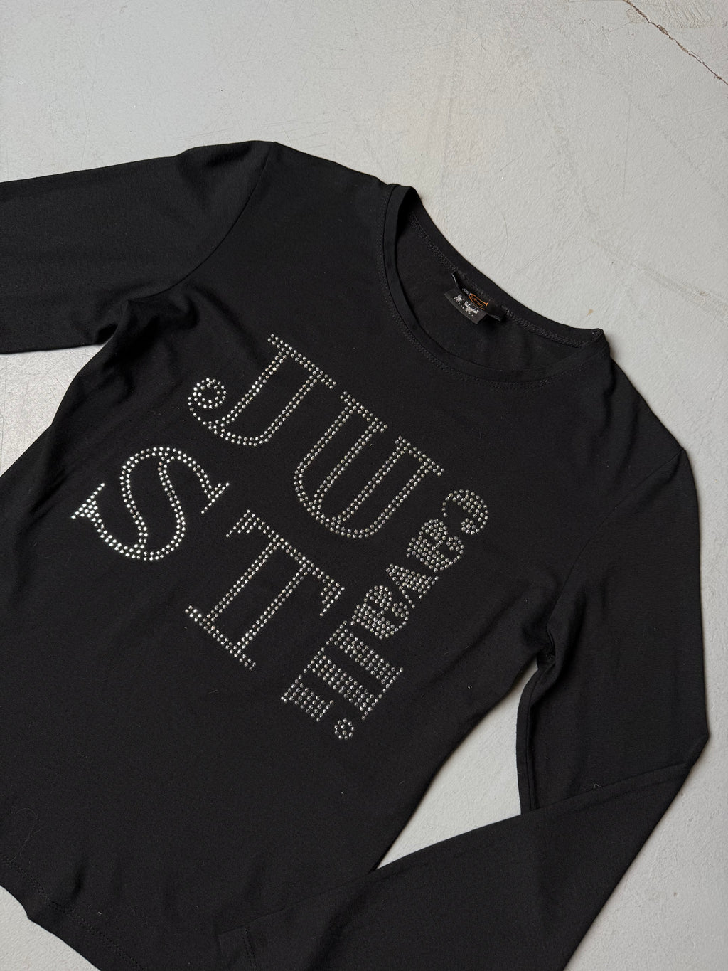 Vintage Just Cavalli Black Rhinestone Longsleeve für Damen. Y2K Second Hand 2000s Fashion