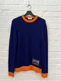 Prada AW18 Graphic Race Logo Knit Sweater (S) Blau Orange Strickpullover von Prada Still Thrifting Vintage Shop
