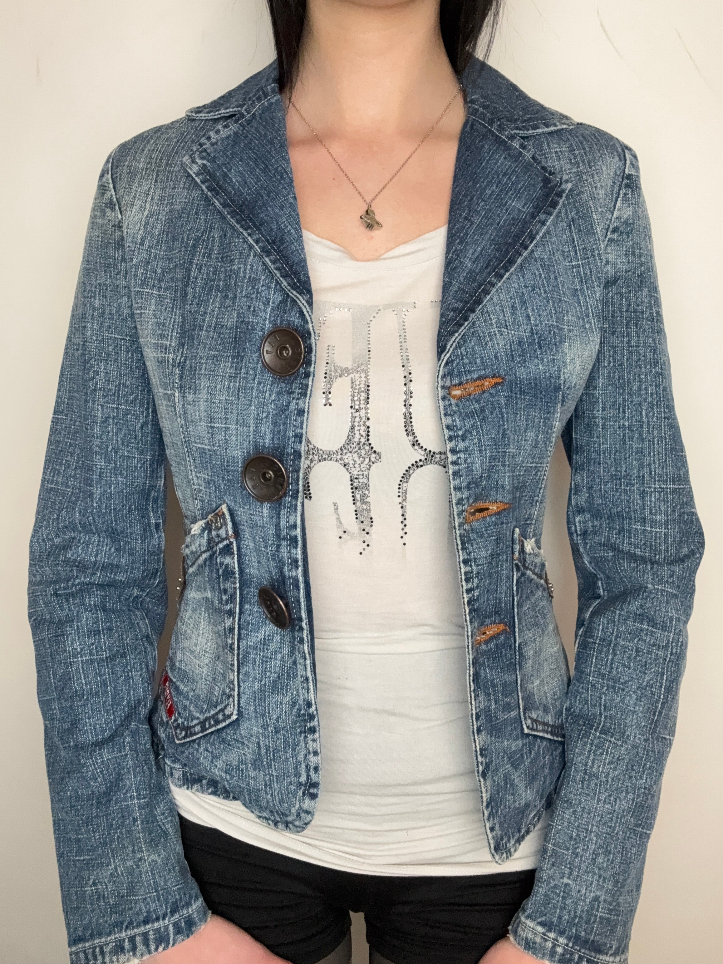 Vintage Fly Girl Denim Blazer Jacket für Damen . Y2K Second Hand 2000s Fashion