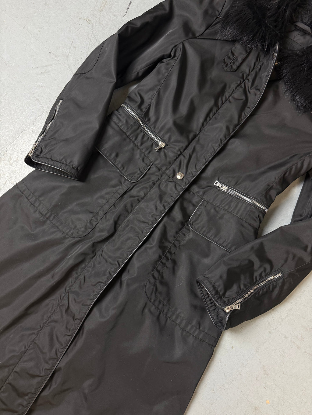 Vintage Prada Black Coat with Sheep Fur Collar M