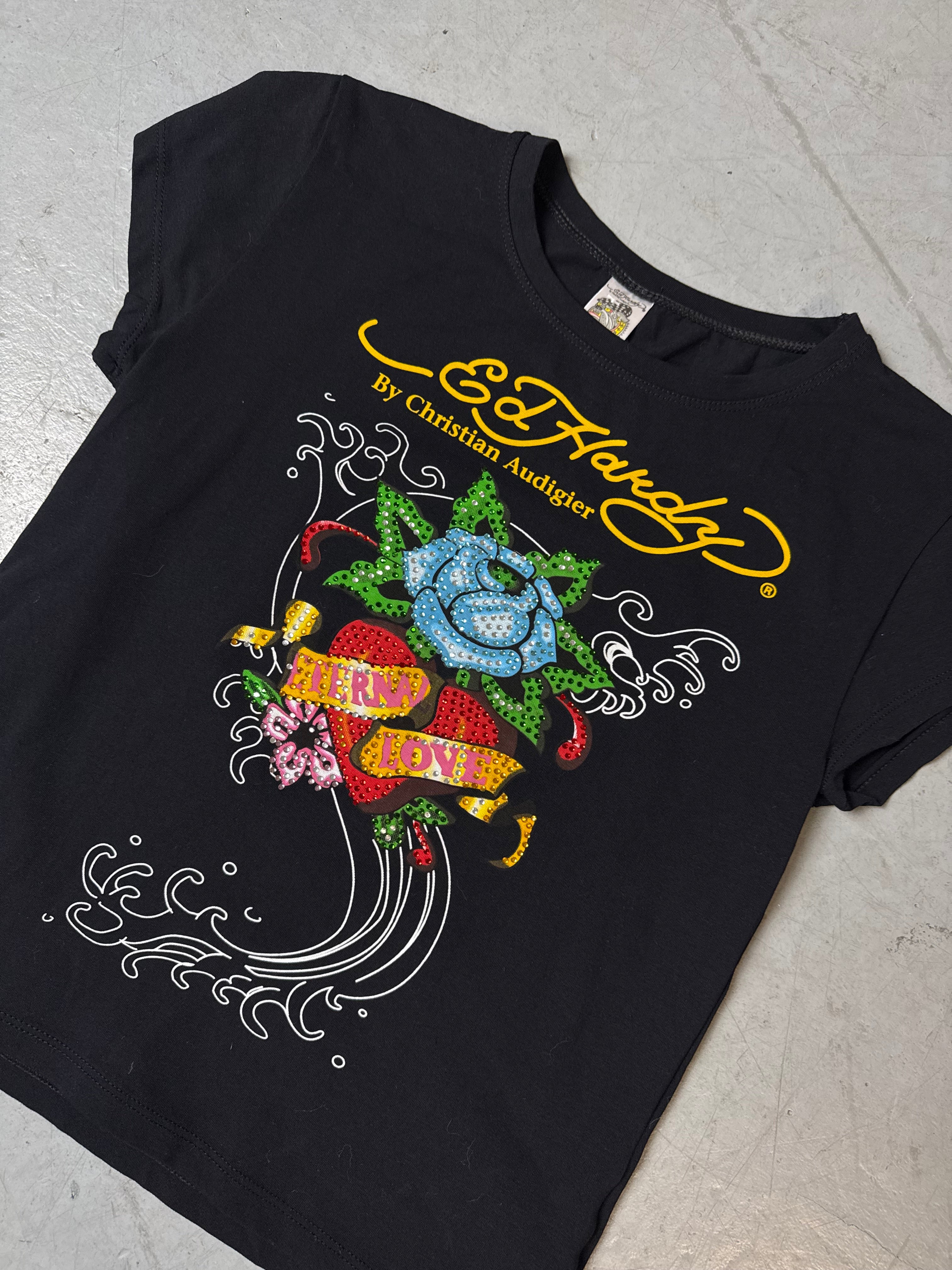Detailbild von Vintage Ed Hardy Black Rhinestone Baby Tee S von vorne