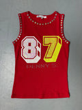 Vintage Penny Silvian Red Studded Tank Top für Damen. Y2K Secondhand 200s Fashion.